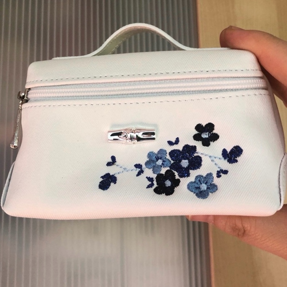 NWOT Longchamp White Coin/Card Pouch with Blue Floral Design
